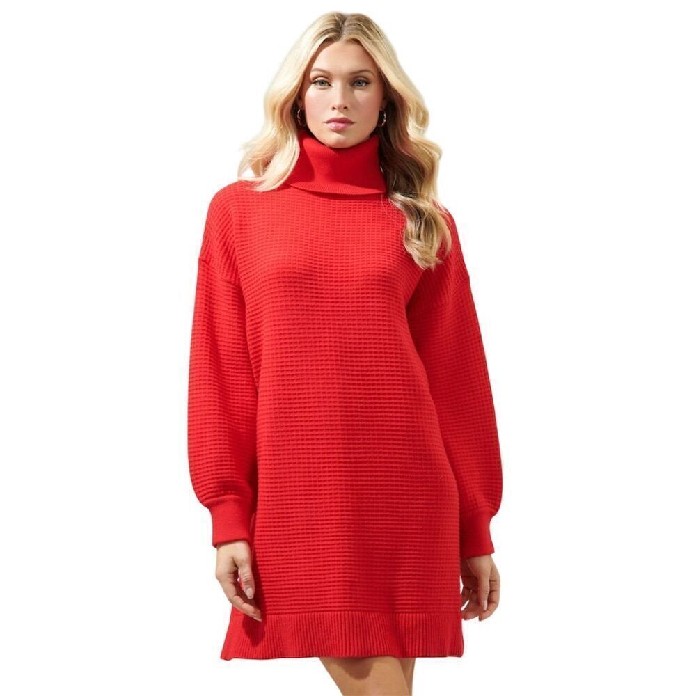 Sugarlips Red Waffle Knit Turtleneck Sweater Dress Knee Length XS Fall Winter